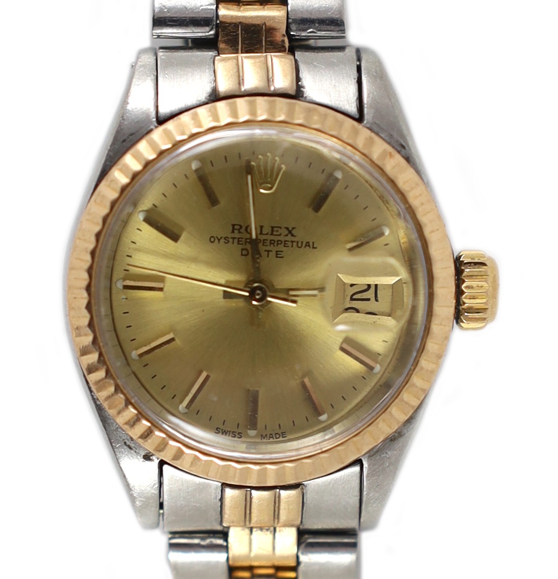 A lady's 1970's steel and gold Rolex Oyster Perpetual Date wrist watch, on a Rolex steel and gold bracelet